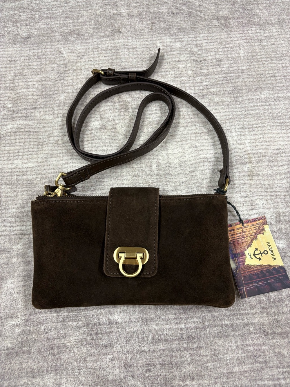 NWT Harbour 2Nd Chocolate Suede Crossbody Sm Gold Hardware Designed in Germany